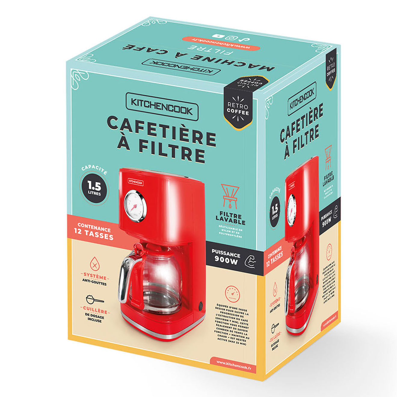 Kitchencook Cafetière Style rétro rouge - 45.2x31.2x39.6 cm