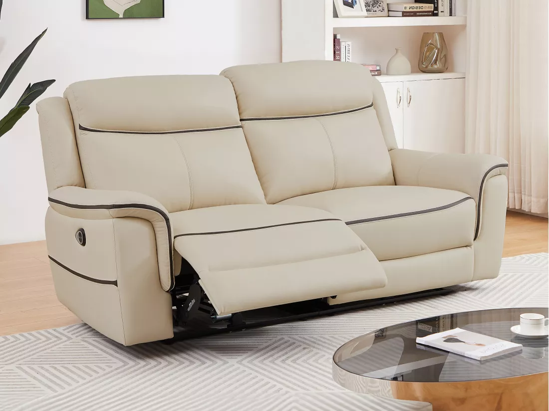 Canapé 3 places relax électrique en cuir beige ADELIO