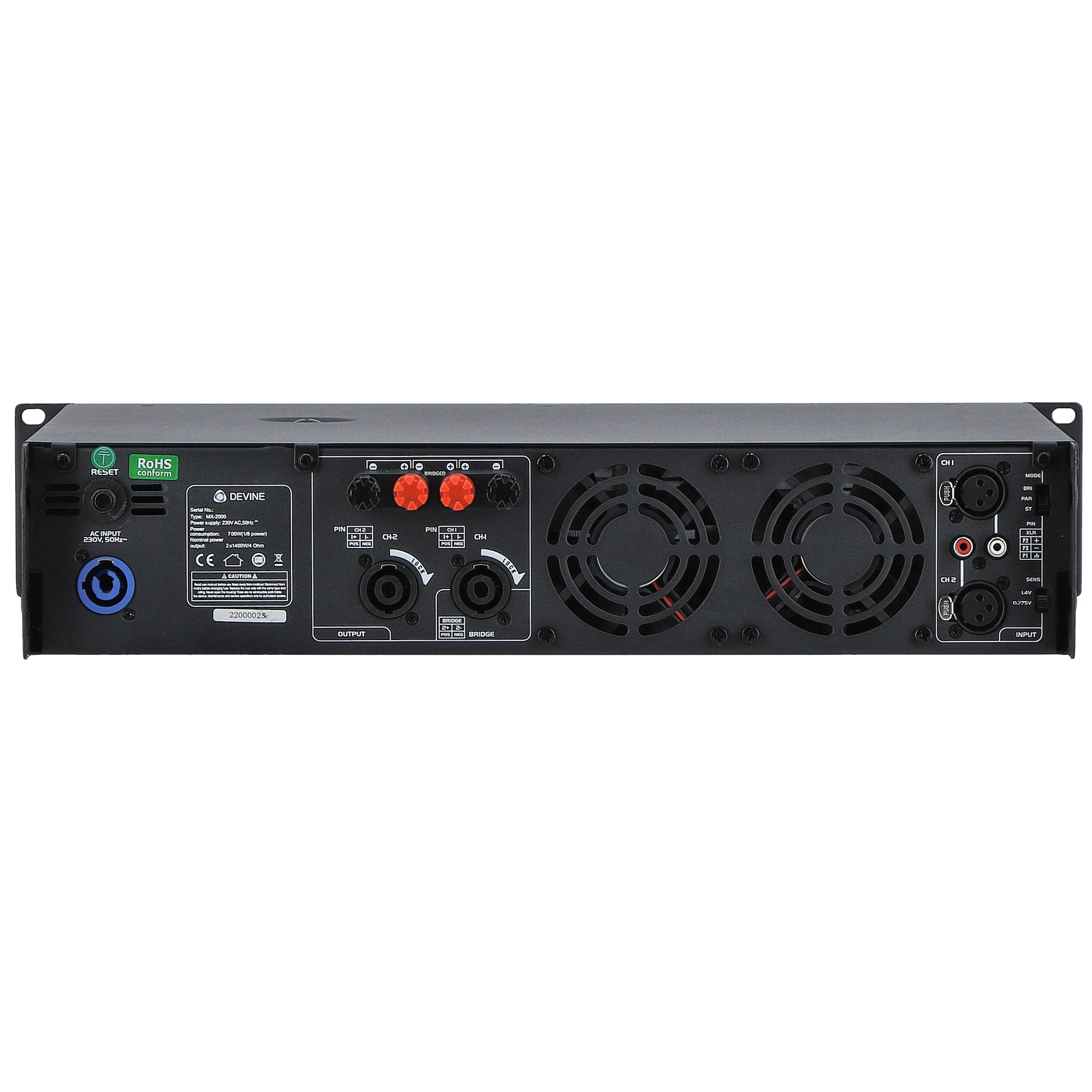 Devine MX-2000 2-kanaals PA-eindversterker 2x 1000W @ 8 Ohm