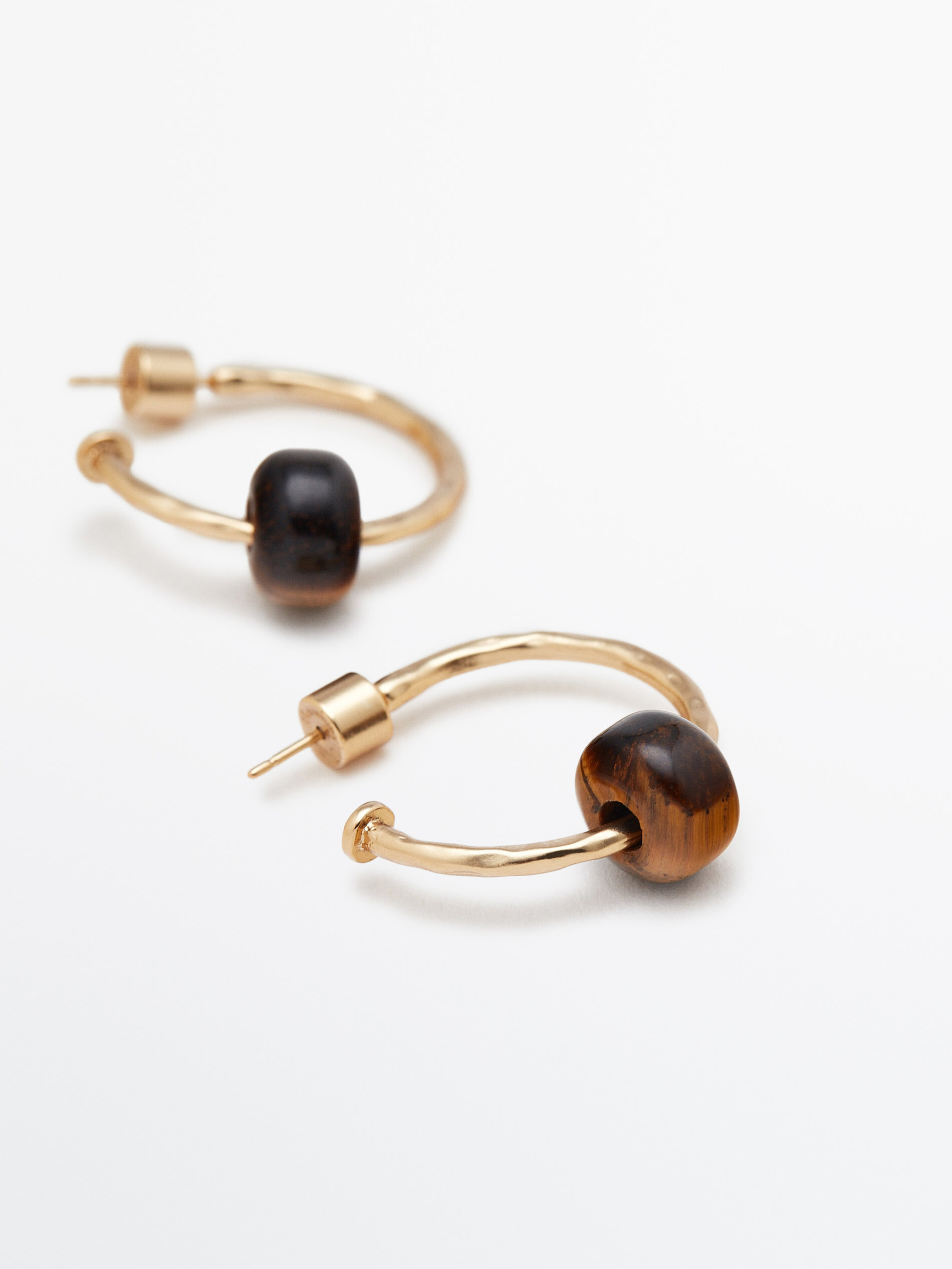 Pendientes aros textura piedra marrón banho oro - DORADO