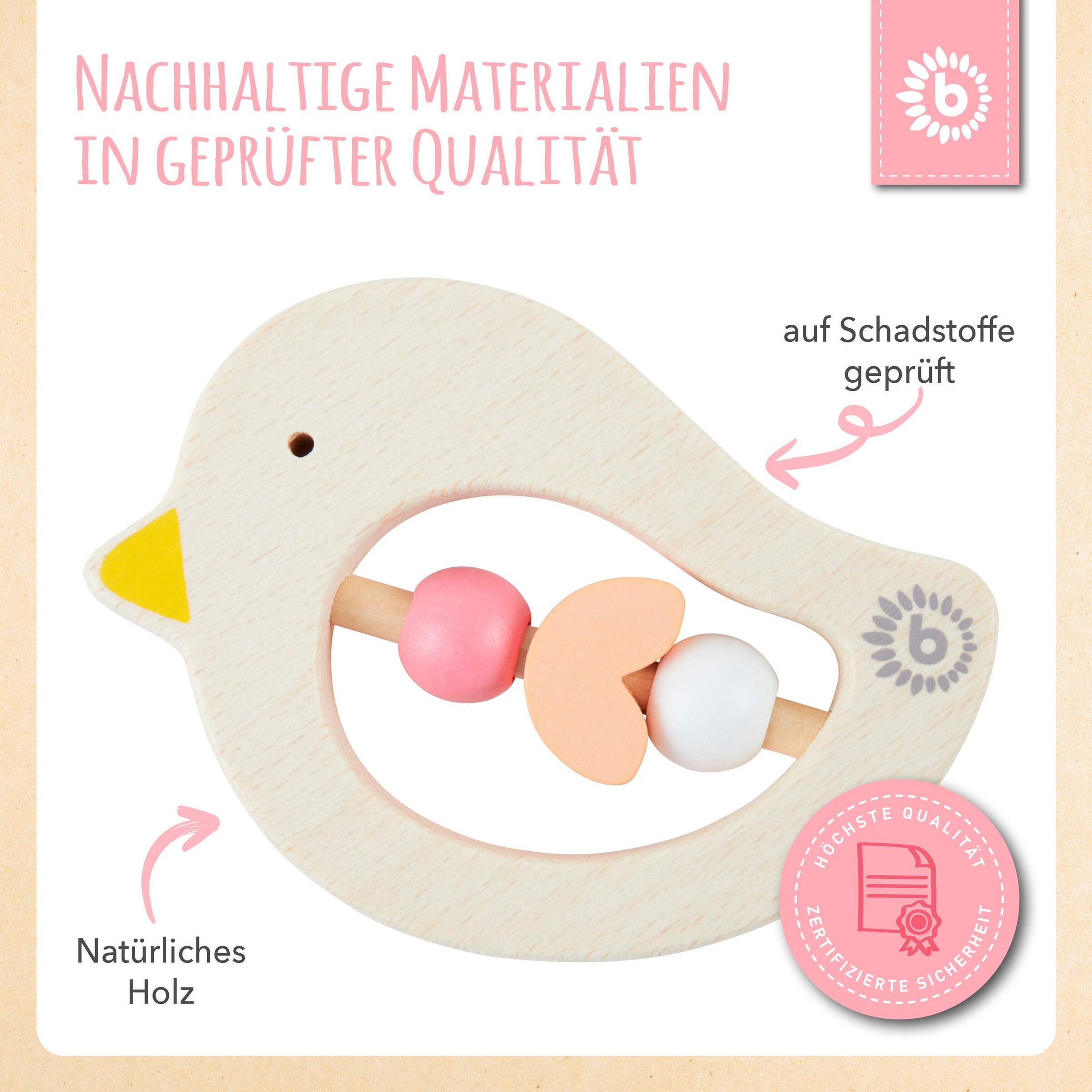 Bieco Beißring Holz Vogel - ab Geburt Orange