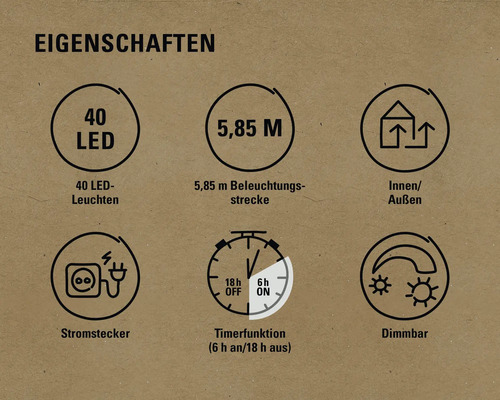 Lafiora LED-lichtsnoer, 5,85 m + 10 m aansluitdraad, 40 LED's, veelkleurig licht