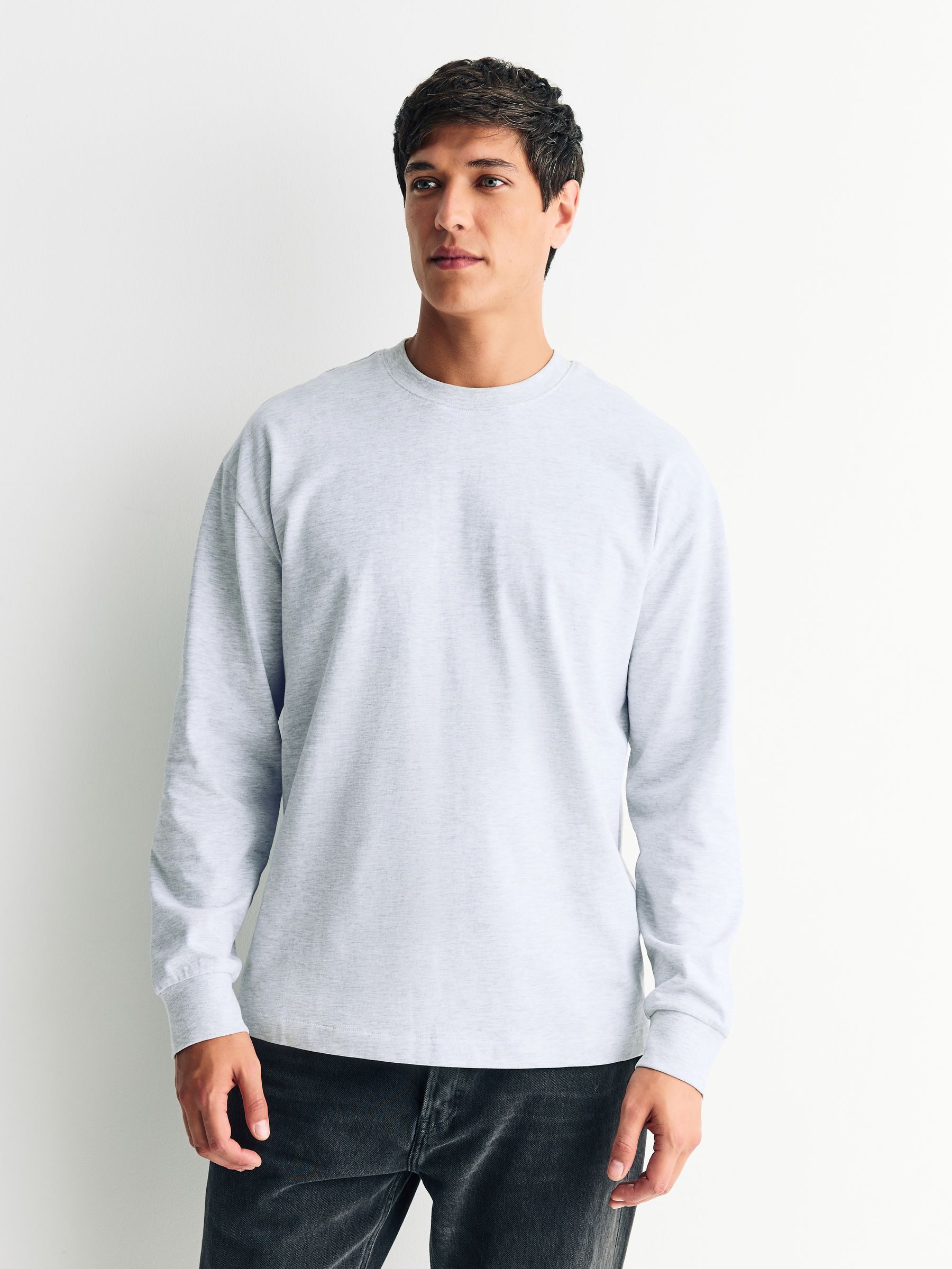 Zwart / grijs gemêleerd / marineblauw - Set van 3 ruimvallende, zwaargewicht 100% katoenen T-Shirts met lange mouwen