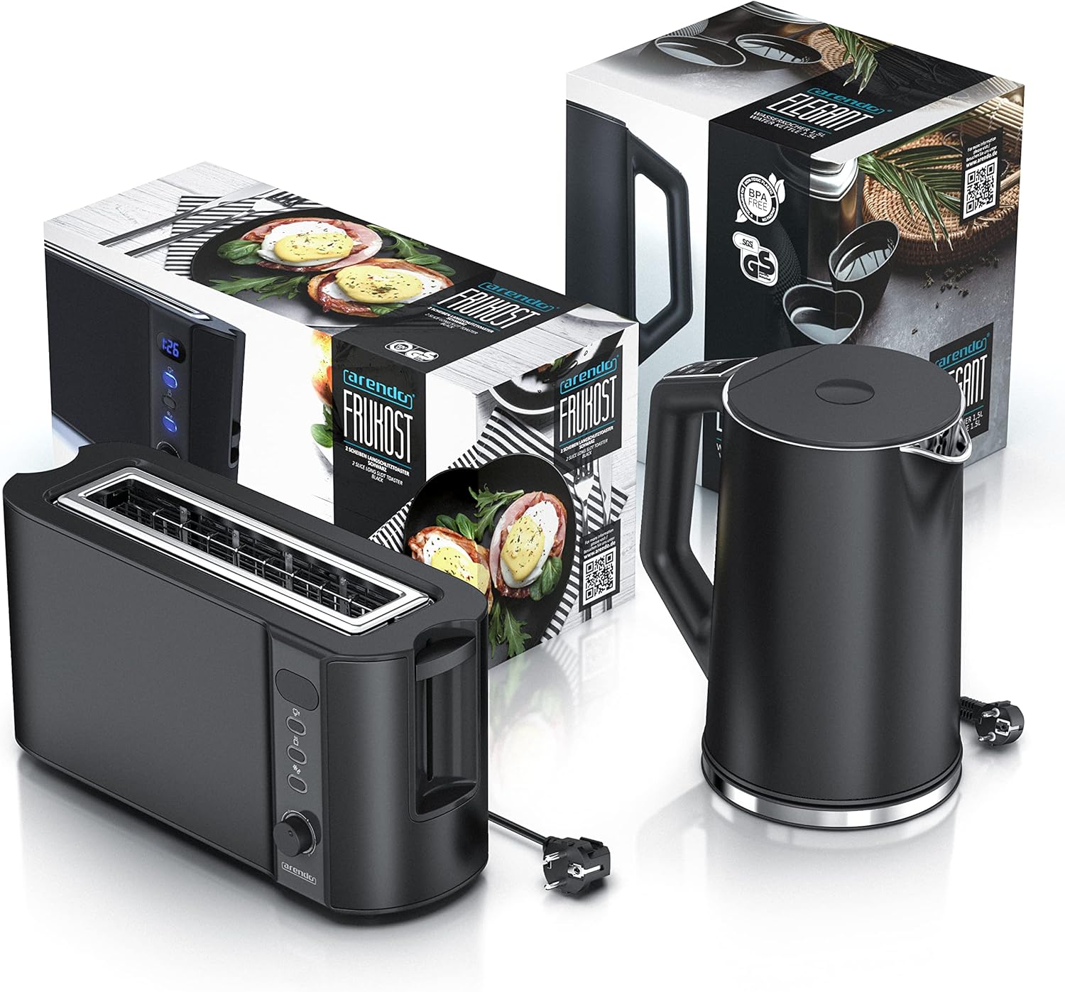 Arendo - Wasserkocher mit Toaster SET Edelstahl Schwarz, Wasserkocher 1,5L 40°-100°C Warmhaltefunktion Toaster 2 Scheiben LED-Display 6 Bräunungsgrade Brötchaufsatz