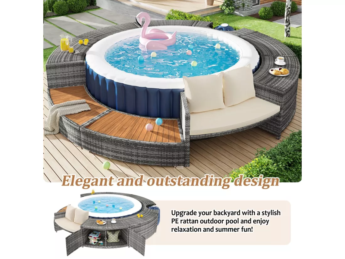Salon de jardin avec un canapé rond, coussins beige et rangement, pieds réglables, pour piscine gonflable - 283x283x55cm