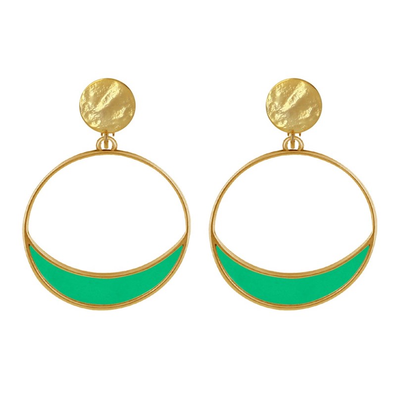 Boucles d'Oreilles Clip Métal Doré Cercle et Croissant de Lune Translucide Coloré