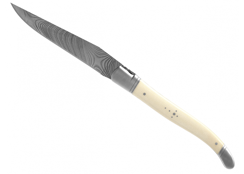 Couteau Laguiole collection damas avec un manche en ivoire de mammouth et 2 mitres en acier inoxydable