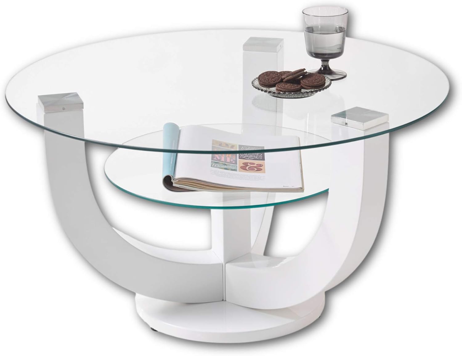 Stella Trading DENVER Glas Couchtisch rund in Hochglanz weiß - stylisher Glastisch mit Ablage & geschwungenem Gestell für Ihren Wohnbereich - 80 x 40 x 80 cm (B/H/T)