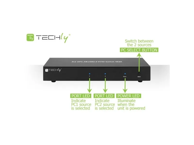 TECHly 2-Port DisplayPort1.2 Dual-Monitor KVM Switch - KVM / audio / USB switch - 2 x KVM / audio - 1 lokalbruger - desktop