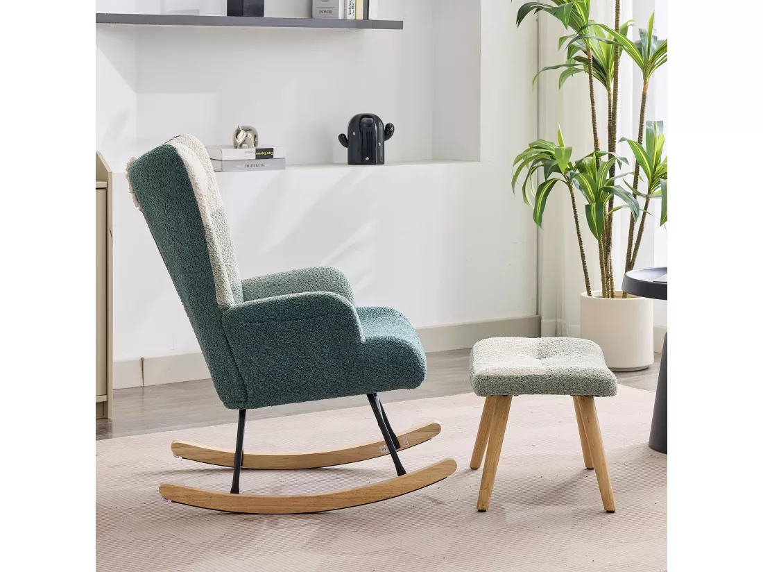 Fauteuil à bascule、Rocking chair en tissu bouclette - avec oreiller et repose-pieds - Multicolore