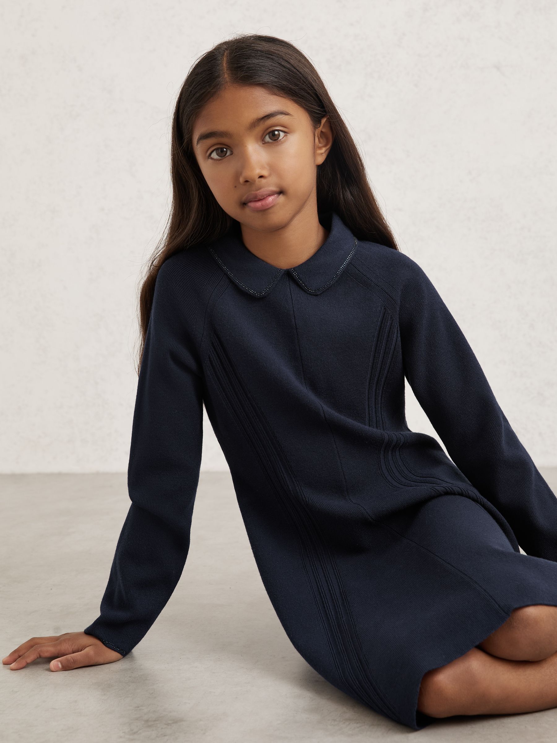 Marineblauw - Reiss Zadie Embellished Collar Knitted Dress
