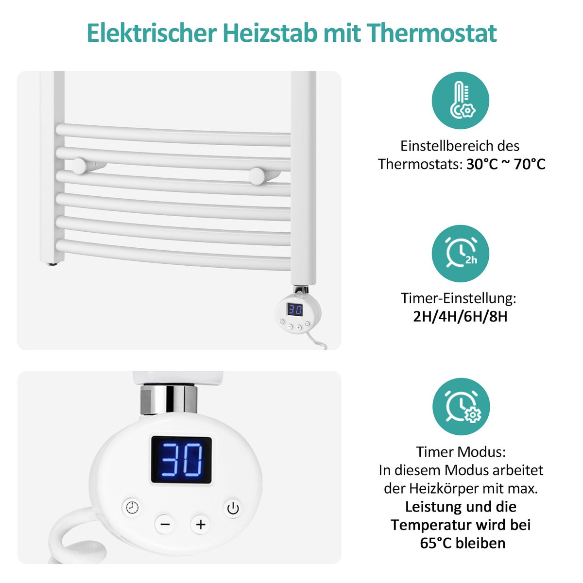 EMKE Elektrische Badkamerradiator Handdoekwarmer met Thermostaat Gebogen 100x60cm 500 Watt Witte Handdoekdroger Handdoekradiator Badkamer