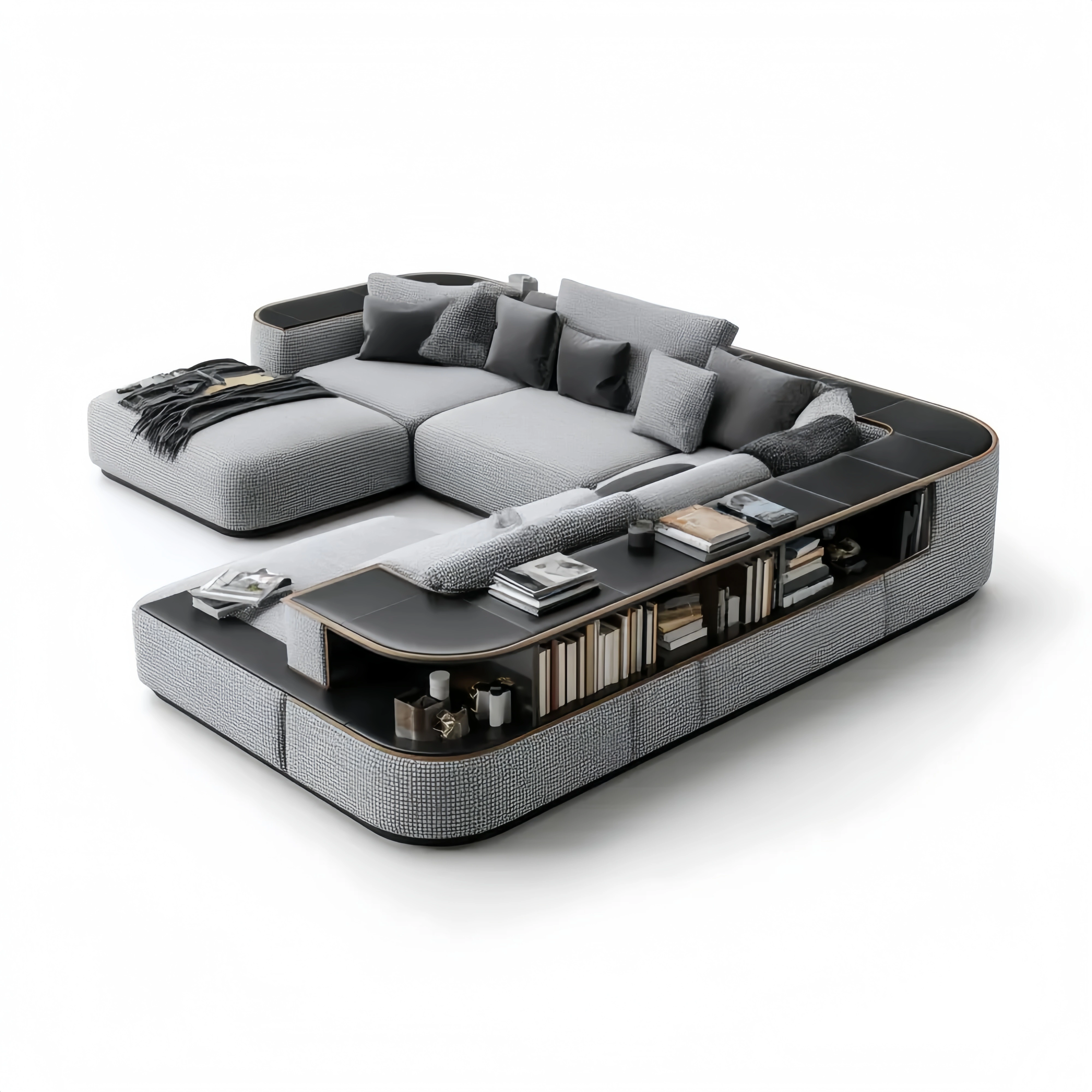 Modernes Ecksofa mit Bücherregal 300x200x60 cm – Hellgrau