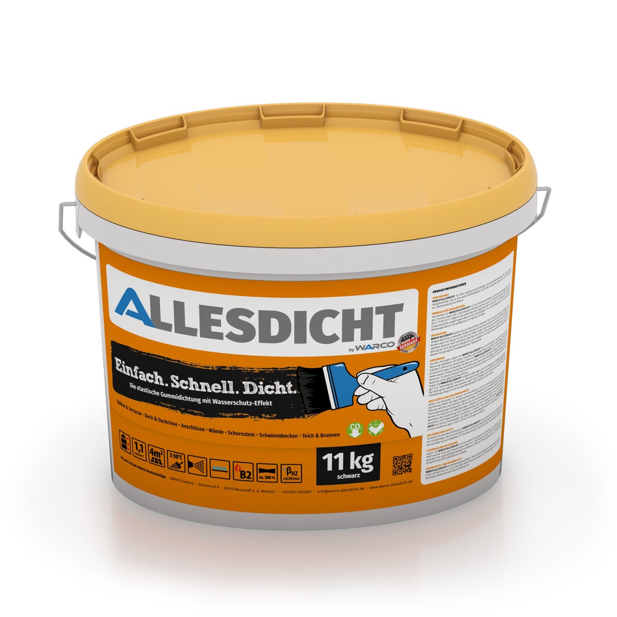 ALLESDICHT 11 kg zwart | Dakafdichting, balkonafdichting, universele afdichting | op waterbasis, oplosmiddelvrij, bitumenvrij | kwastbaar, spuitbaar, spatelbaar | extreem elastische diklaagafdichting met scheuroverbrugging | WARCO