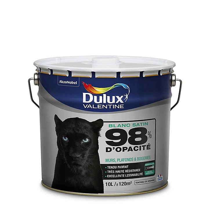 Peinture murs plafonds et boiseries Dulux Valentine 98% monocouche satin blanc 10L