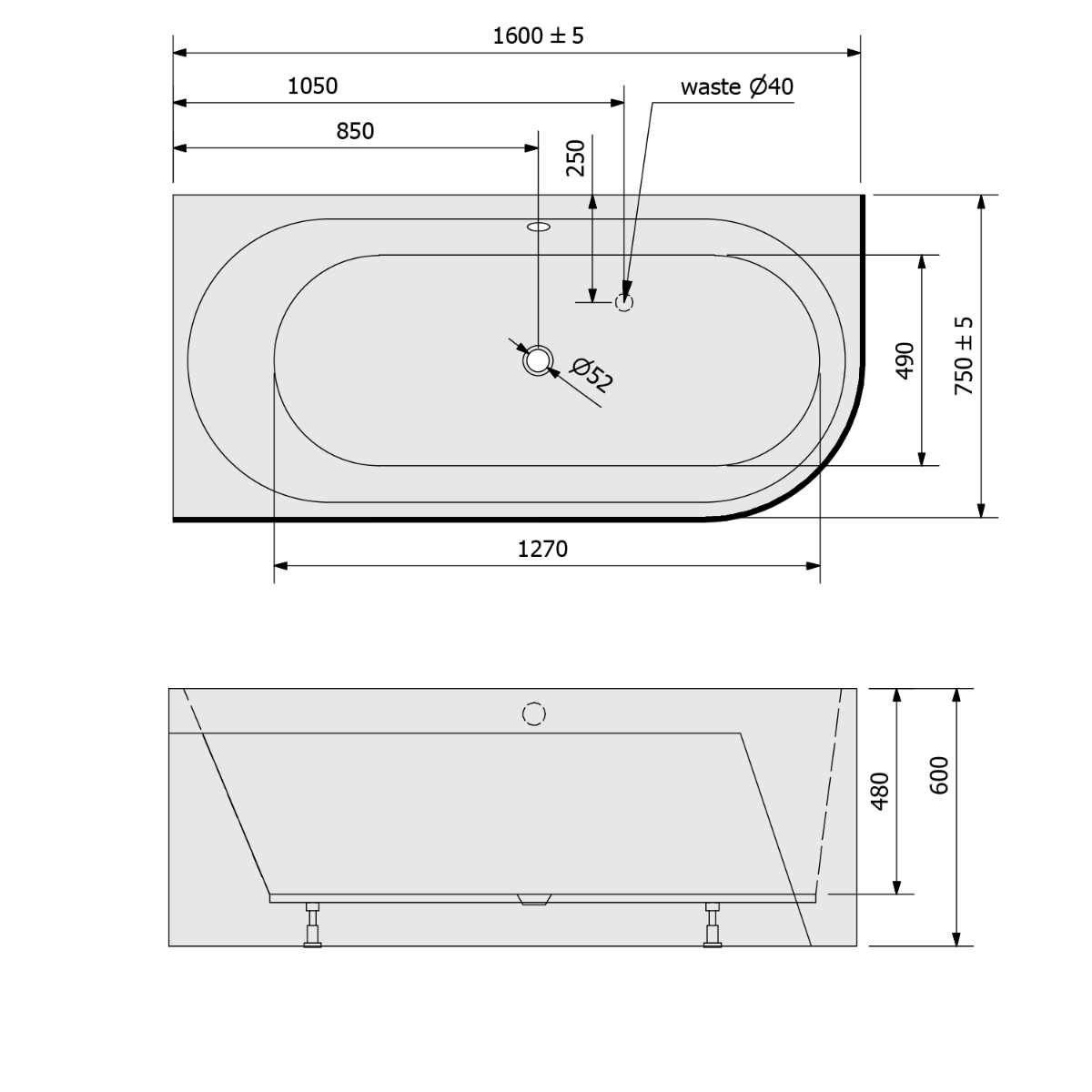 Polysan Astra hoekbad links 160x75x60cm grijs