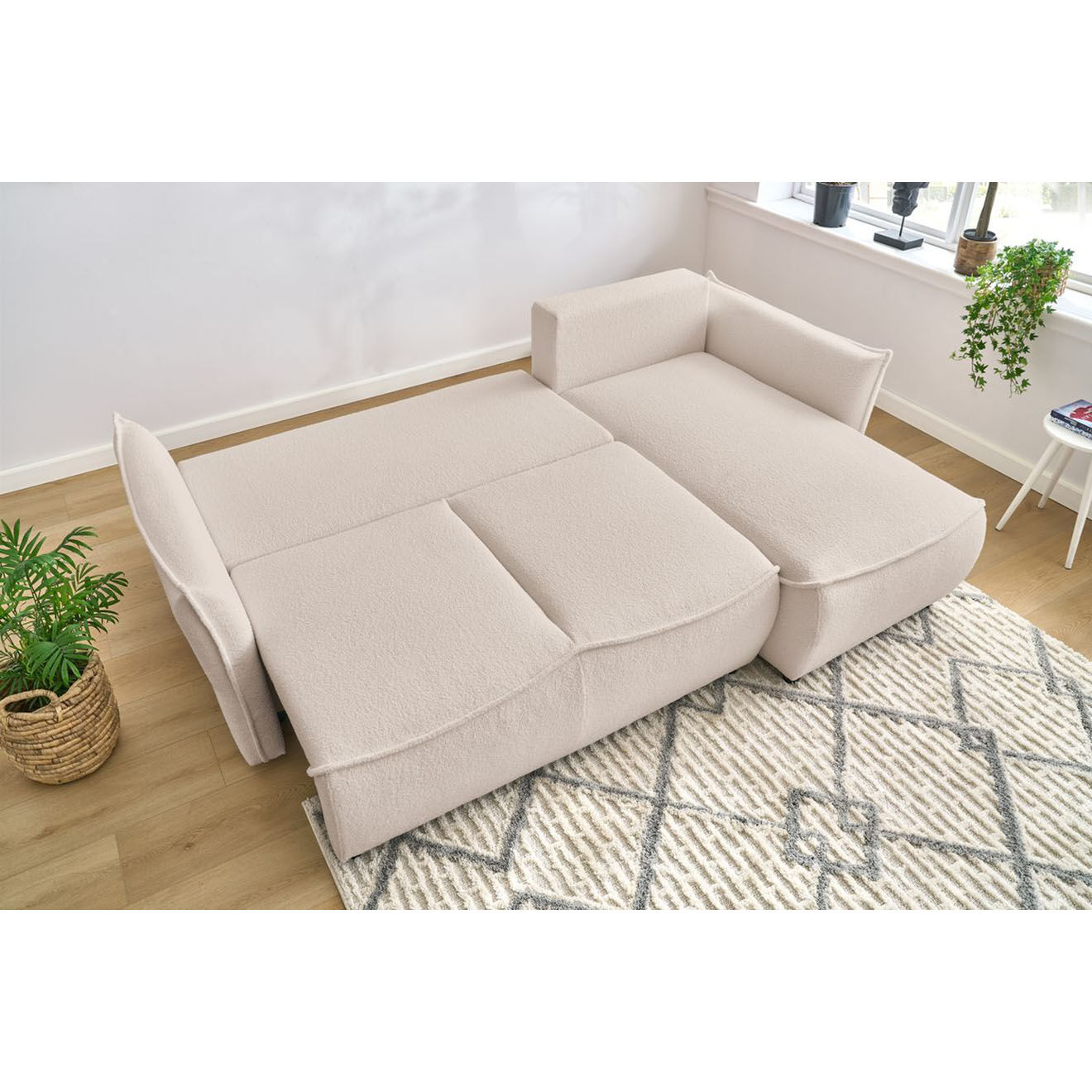 Bobochic Canapé d'angle droit convertible bouclette Léon beige - 242x158x90 cm