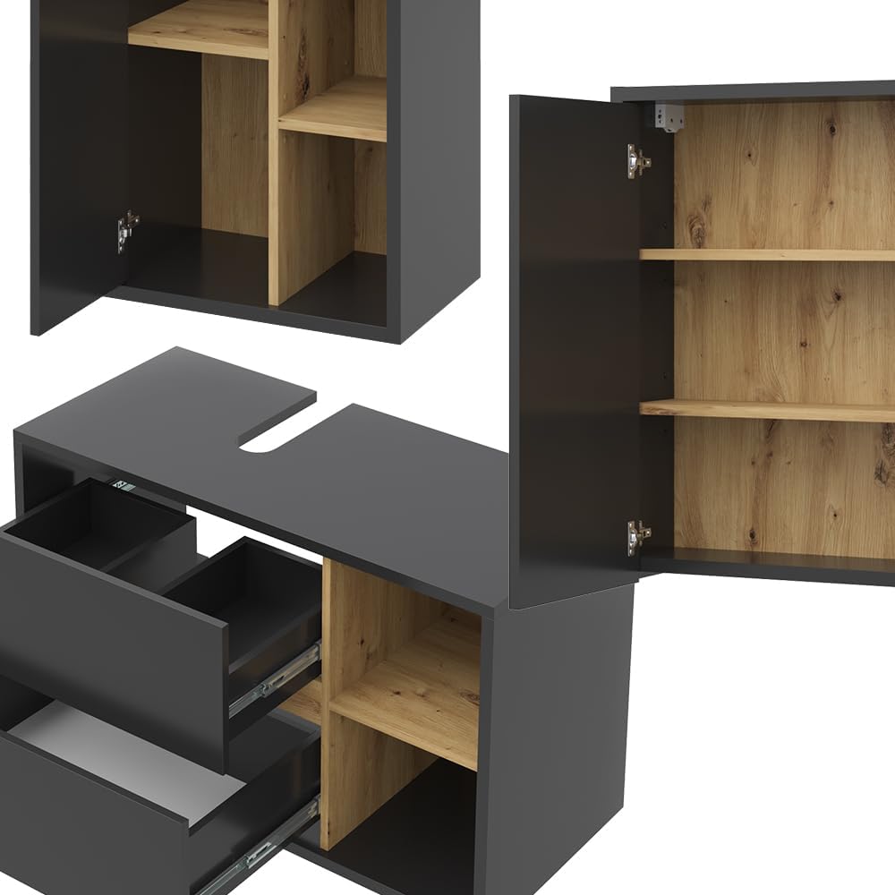 Vicco Badmöbel-Set Anthrazit Viola, bestehend aus Bad Spiegelschrank, Waschbeckenunterschrank, Hochschrank - Mehr Stauraum ohne Bodenfläche zu nutzen