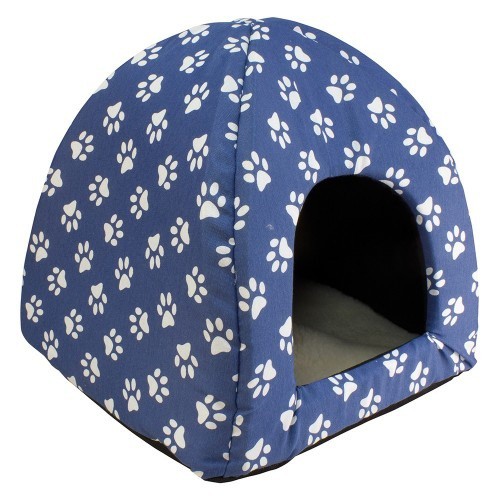 Cama em formato de iglu com estampa de patas para cães e gatos, azul.