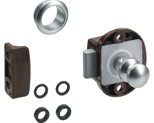 Meubelslot Push Lock Mini Complete Set bruin zilver