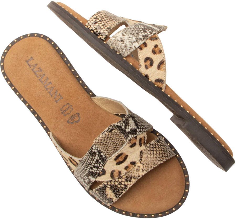 Lazamani Suze leren slippers met dierenprint en panterprint beige zwart