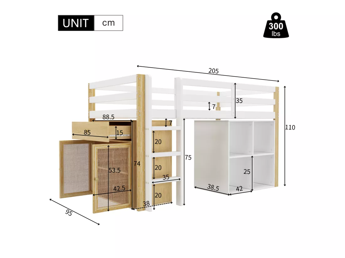 Lit mezzanine pour enfant 90x200 cm - avec meuble de rangement et étagères - Blanc (sans matelas)