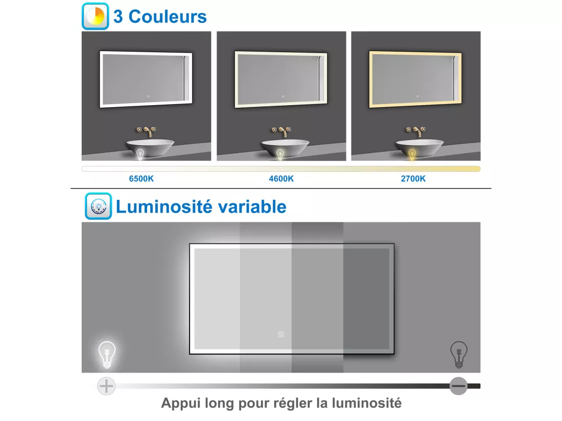 AICA Miroir lumineux 120x70cm 3 couleurs + dimmable + anti-buée + mémoire, miroir salle de bain LED