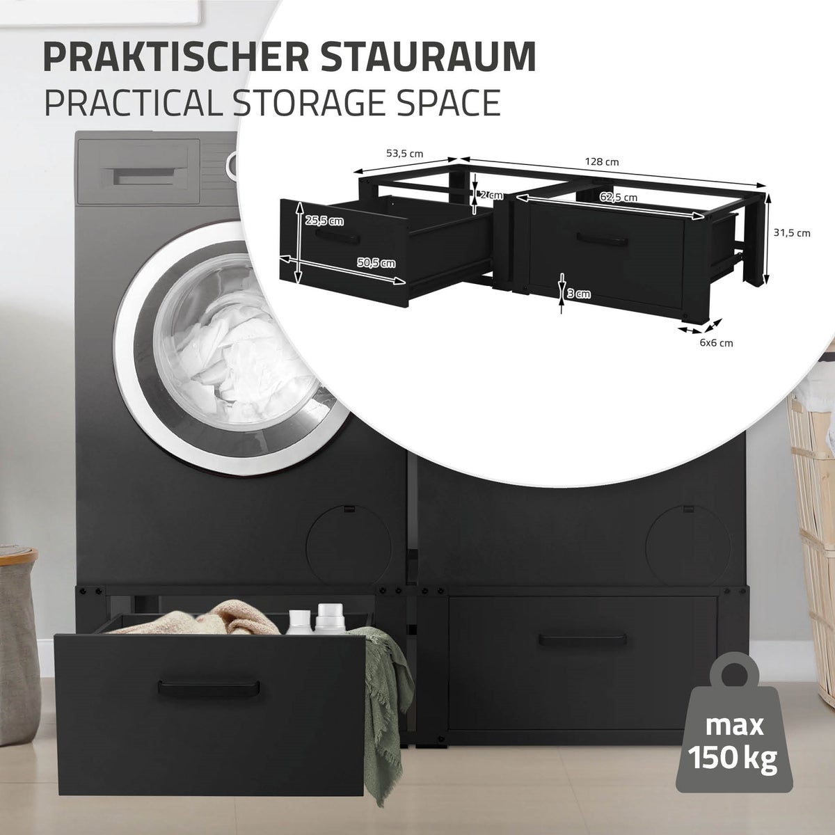 ML-Design Dubbele Wasmachine Onderstel met 2 Laden, Zwart, 128x53,5x31,5 cm, Wasmachine Onderstel 2-laags 2x150kg, Staal, Dubbele Onderstel Dubbele Voetstuk Plint Uitbreiding Droger Onderstel