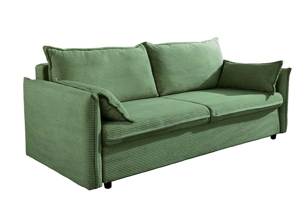 Design Schlafsofa APARTMENT 215cm grün Cord 3-Sitzer Couch inkl. Bettkasten Kissen