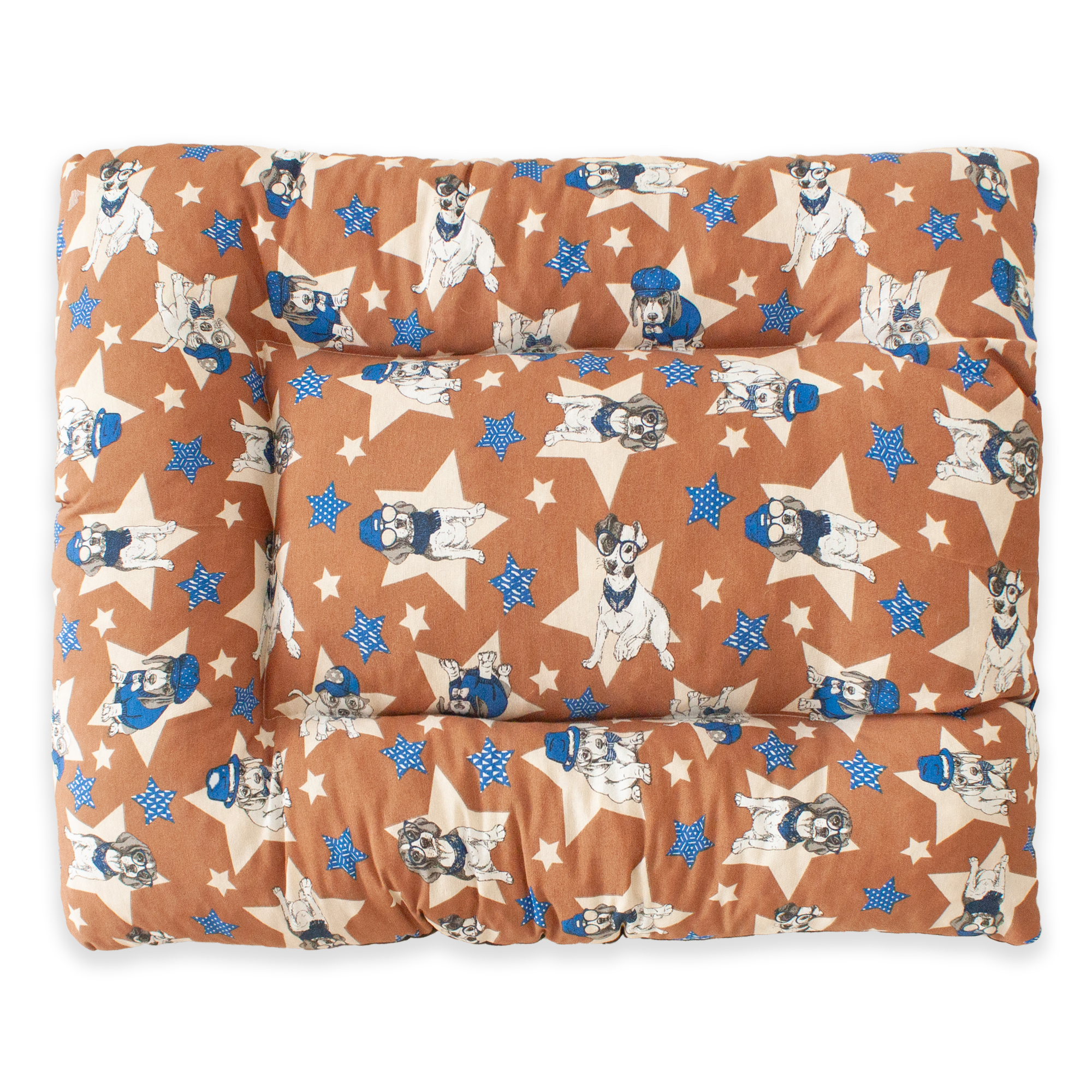 Almofada grande acolchoada para animais de estimação. Marrom com cachorrinhos e estrelas azuis. 85x70x10 cm