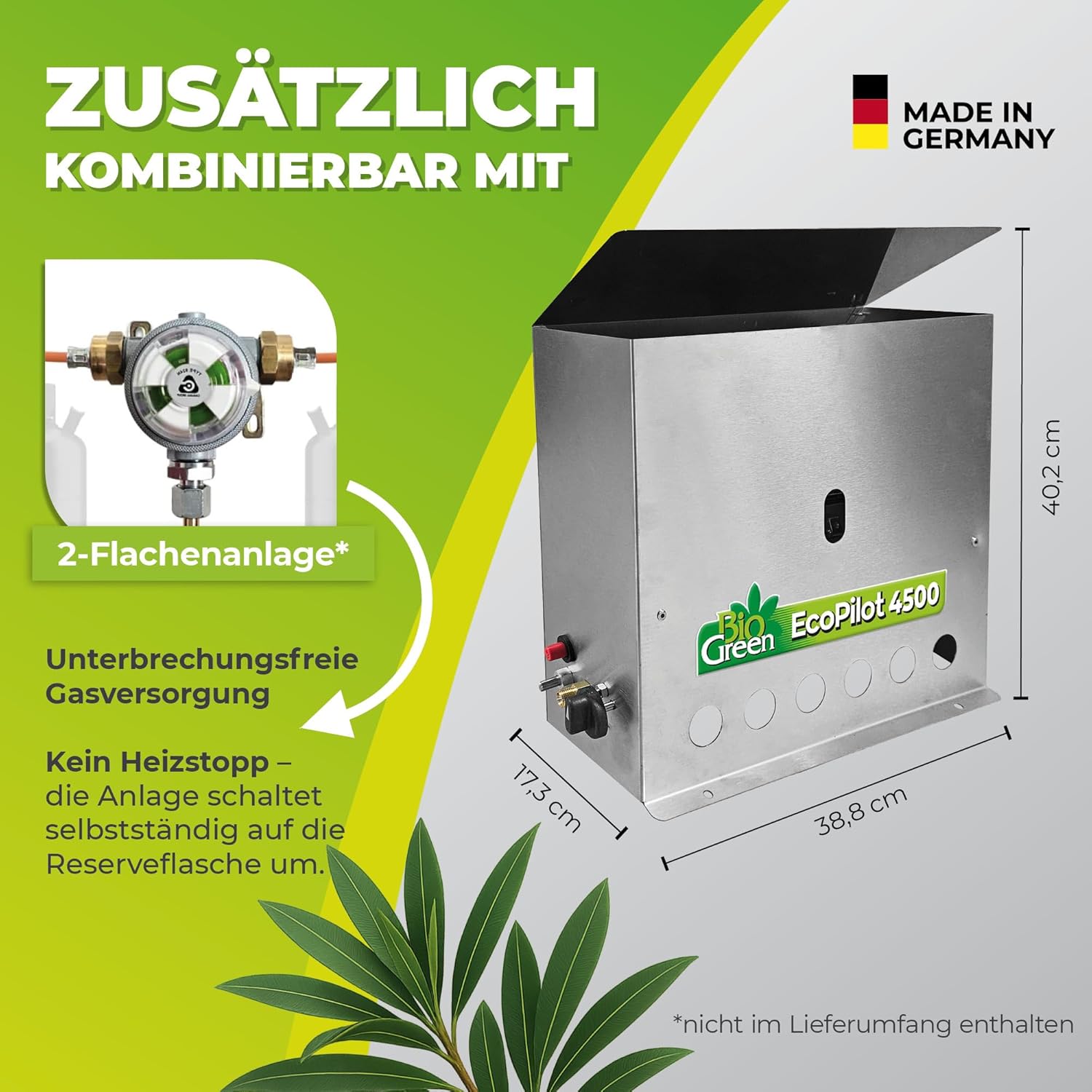 Bio Green Gas-gewächshausheizung EcoPilot, 4500 Watt, Silber, Thermostat-Regelbereich: 0° – 20° C, Edelstahl, Outdoor, Gas, 38x17x40 cm, für Gewächshäuser bis 22m², Bodenmontage