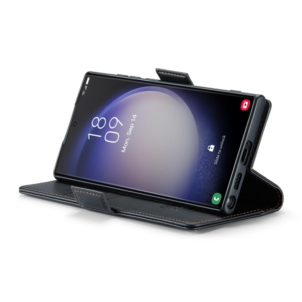 Samsung Galaxy S23 Ultra 5G Leder Tasche Flip Wallet Etui mit Kartenfächern Litchi Look (RFID Schutz) - Schwarz
