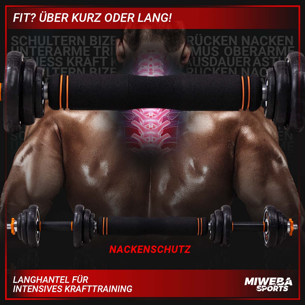 Miweba Sports FED 4in1-Hantelset, Kurzhanteln, Langhantel, Hantelscheiben Stahl, 20/30 kg, Koffer (ohne Kugelhantel-Griffen, 20 Kg schwarz)