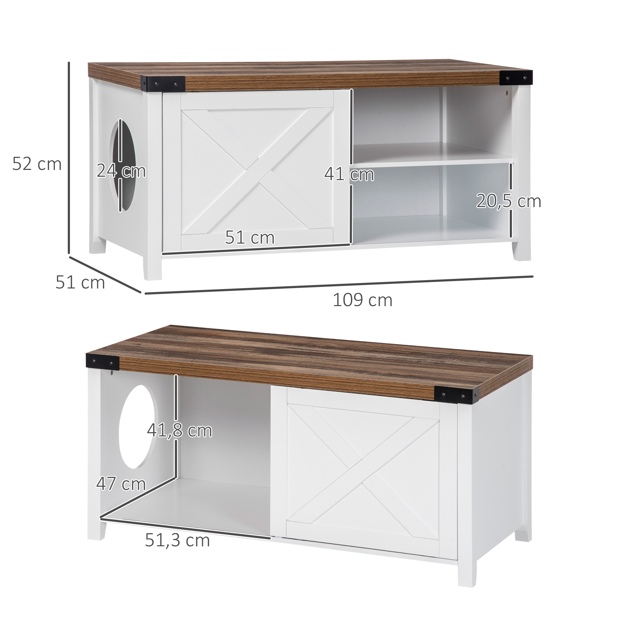 Casinha de madeira 2 em 1 para gatos PawHut com armário de armazenamento, porta deslizante e prateleira interna, 109 x 51 x 52 cm, branca.