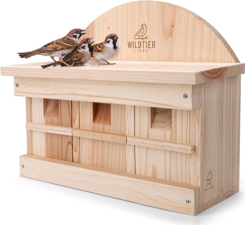 Wildtier Liebe - Kolonienestkast voor mussen (3 nestkamers) | Onbehandeld FSC-hout | Geschroefde houtelementen | ca. 42 x 17 x 32,5 cm (L x B x H)