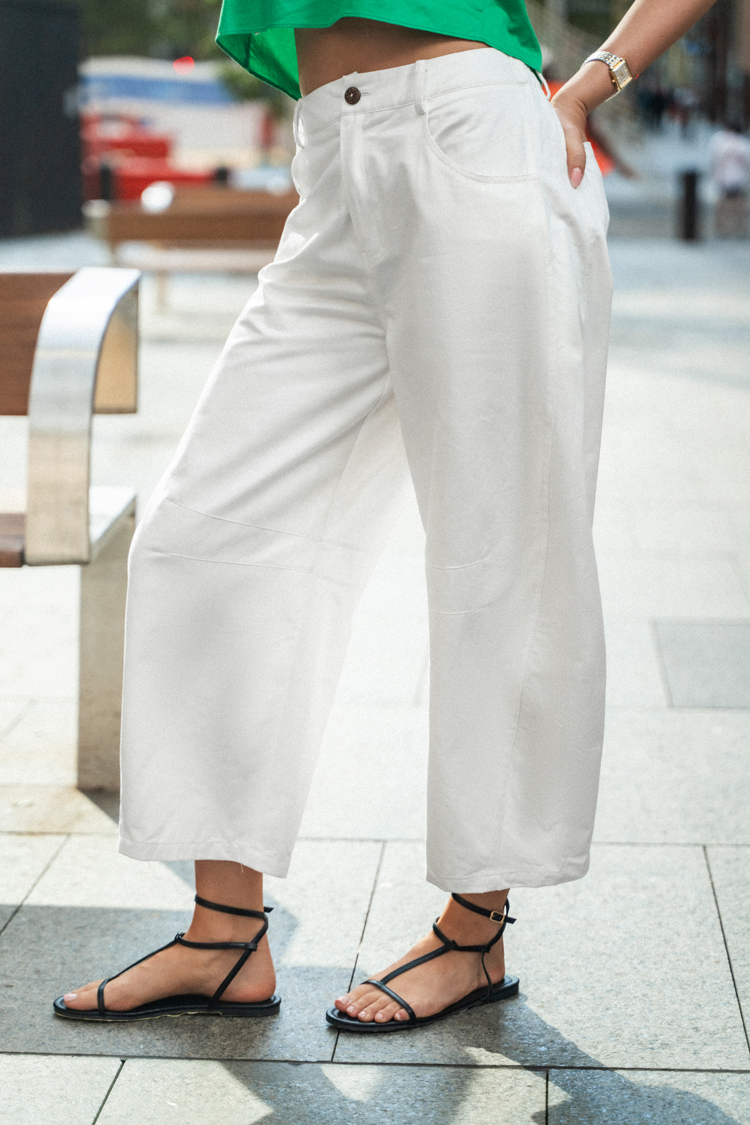 Pantalon en pur coton à jambes larges tissé blanc