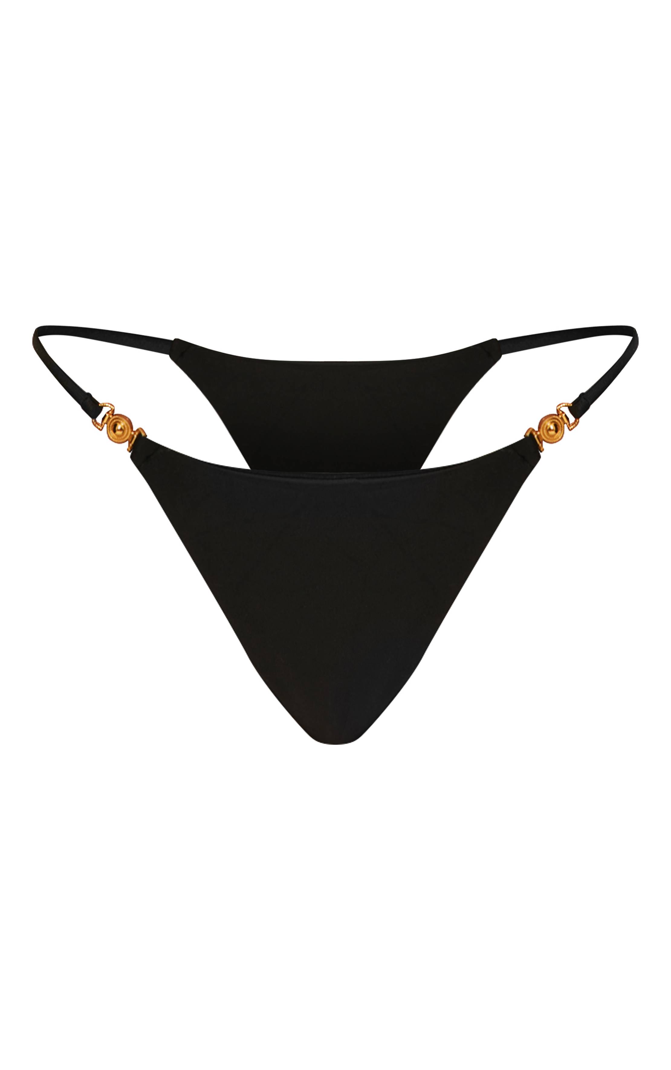 Noir Bas De Bikini Tanga À Brides Avec Bordure Dorée