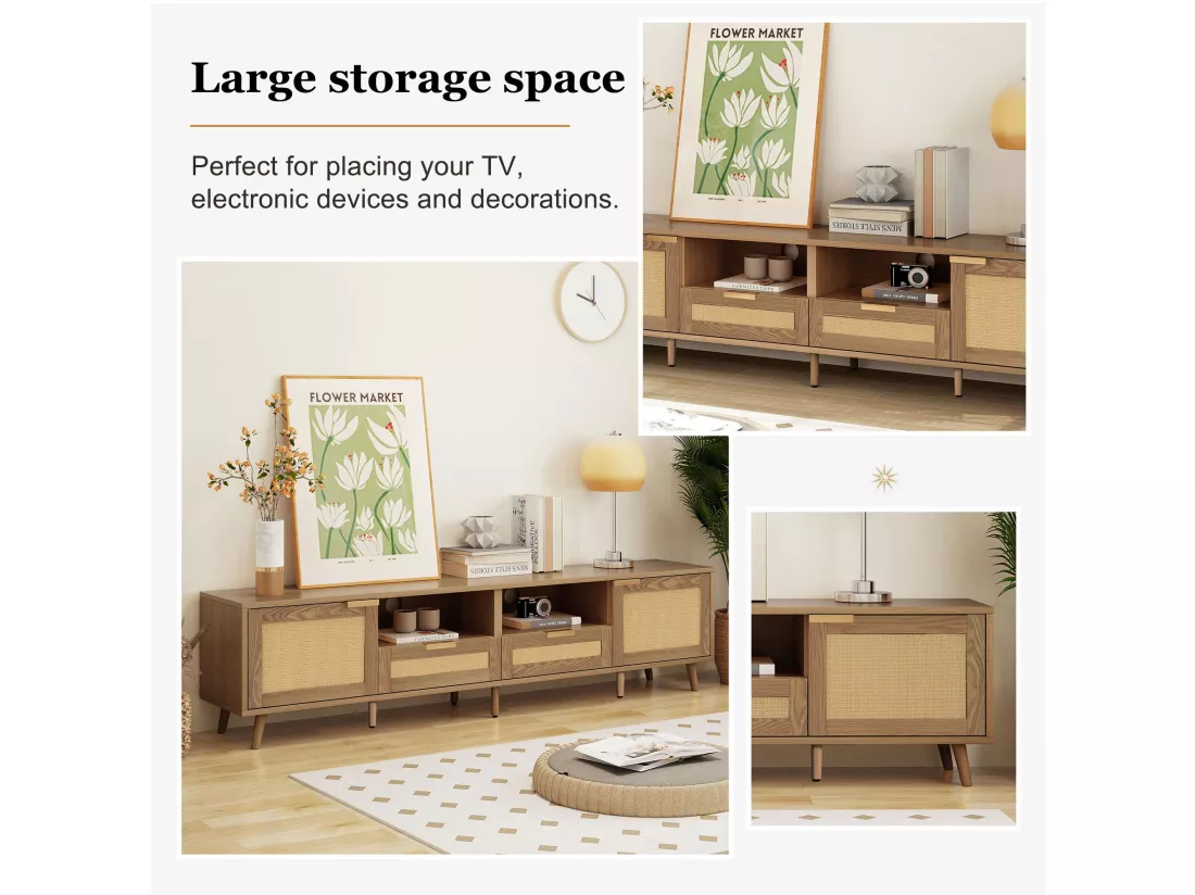 Meuble TV en rotin tressé pieds en bois massif 200*37*49cm TORQEOLS