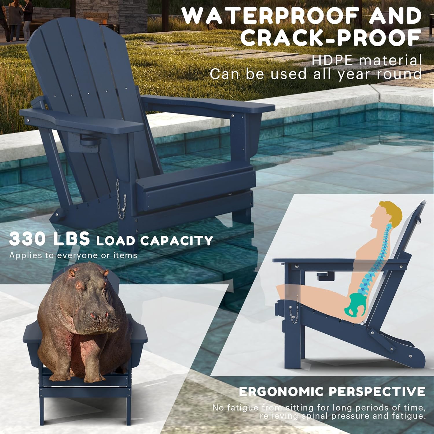 Adirondack Stuhl,HDPE-Wetterfester Klapp-Adirondack-Stuhl mit Becherhalter für Garten,Terrasse,Hinterhof,Patio(Blau)
