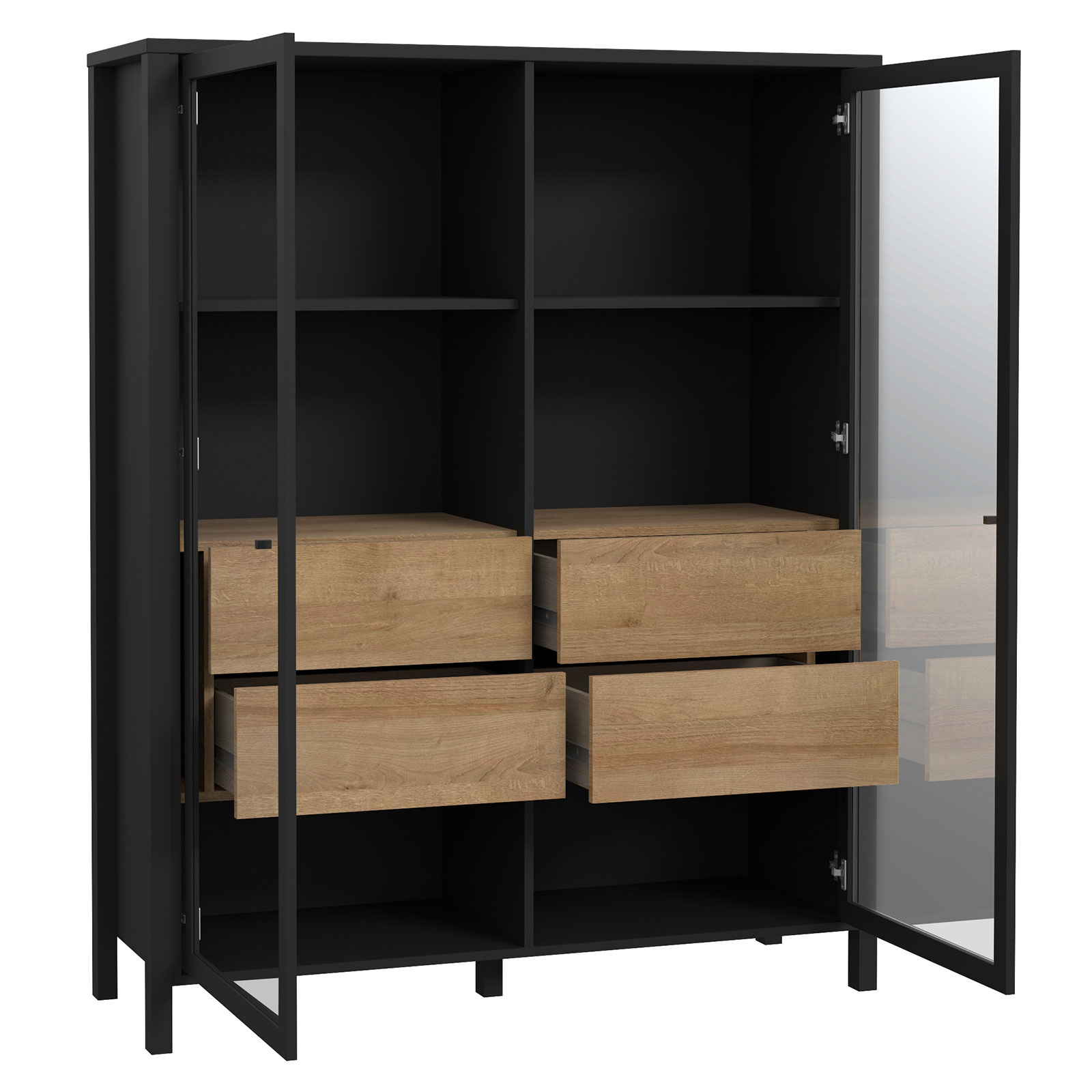 Highboardvitrine - Riveria Eiche - schwarz - mit 2 Glastüren