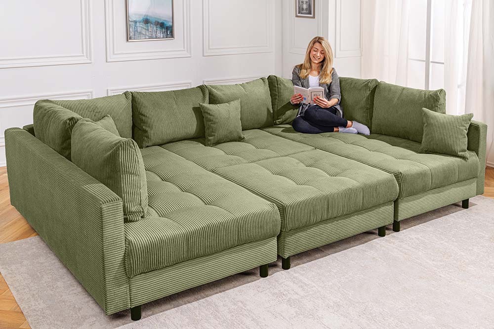 Moderne XXL Wohnlandschaft KENT 305cm grün Cord Bigsofa inkl. Hocker Federkern