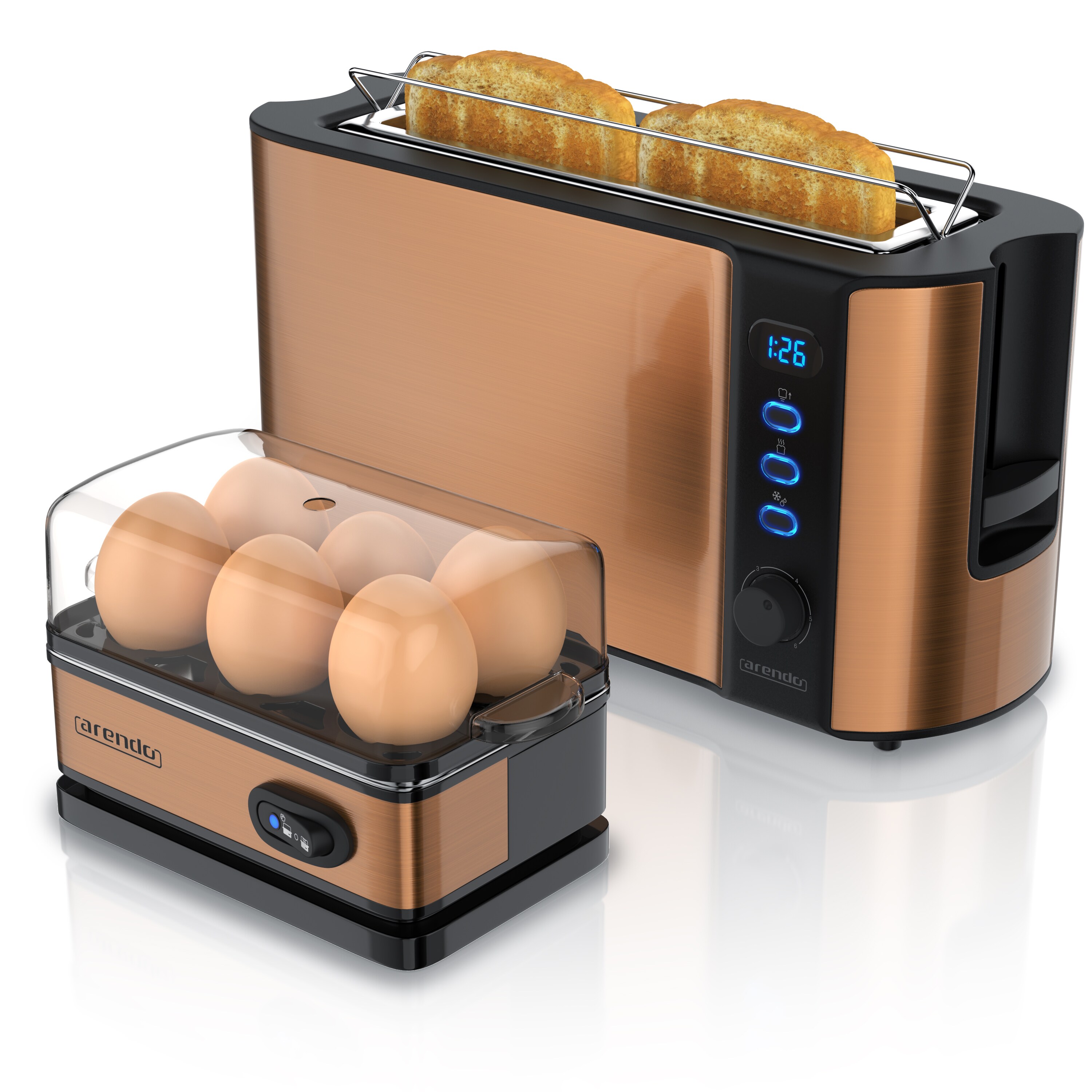 Arendo Frühstücks-Set 2-teilig, 6er Eierkocher SIXCOOK, 2-Scheiben Langschlitz Toaster, Kupfer
