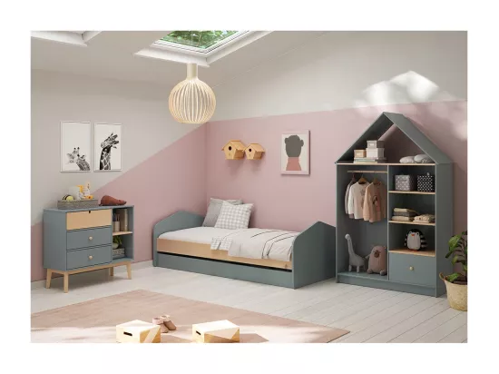 KAINA - Chambre 90x200cm avec Commode 3T et Dressing Cabane Coloris Gris et Naturel