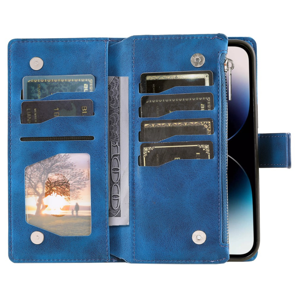 iPhone 16 Leder Tasche Flip Cover mit Reissverschluss - Mandala Flowers Imprint - Blau
