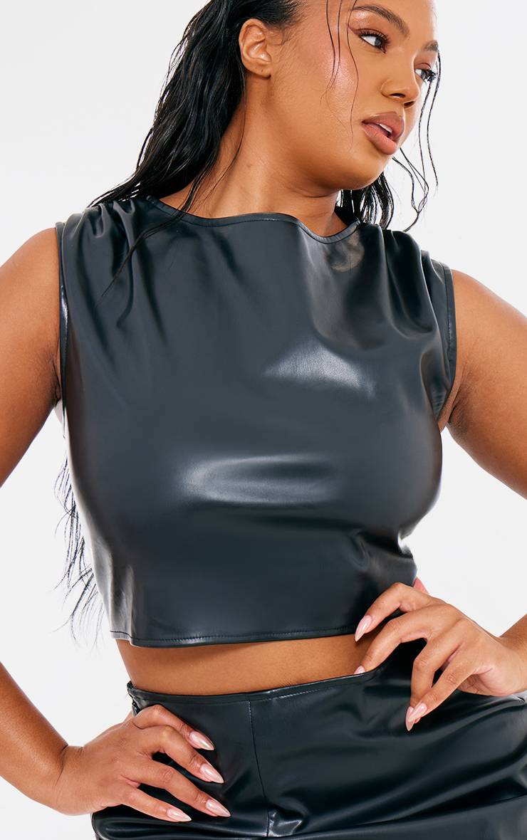 Noir Haut Court Grande Taille En Synthétiquecuir Avec Détail Froncé Aux Épaules