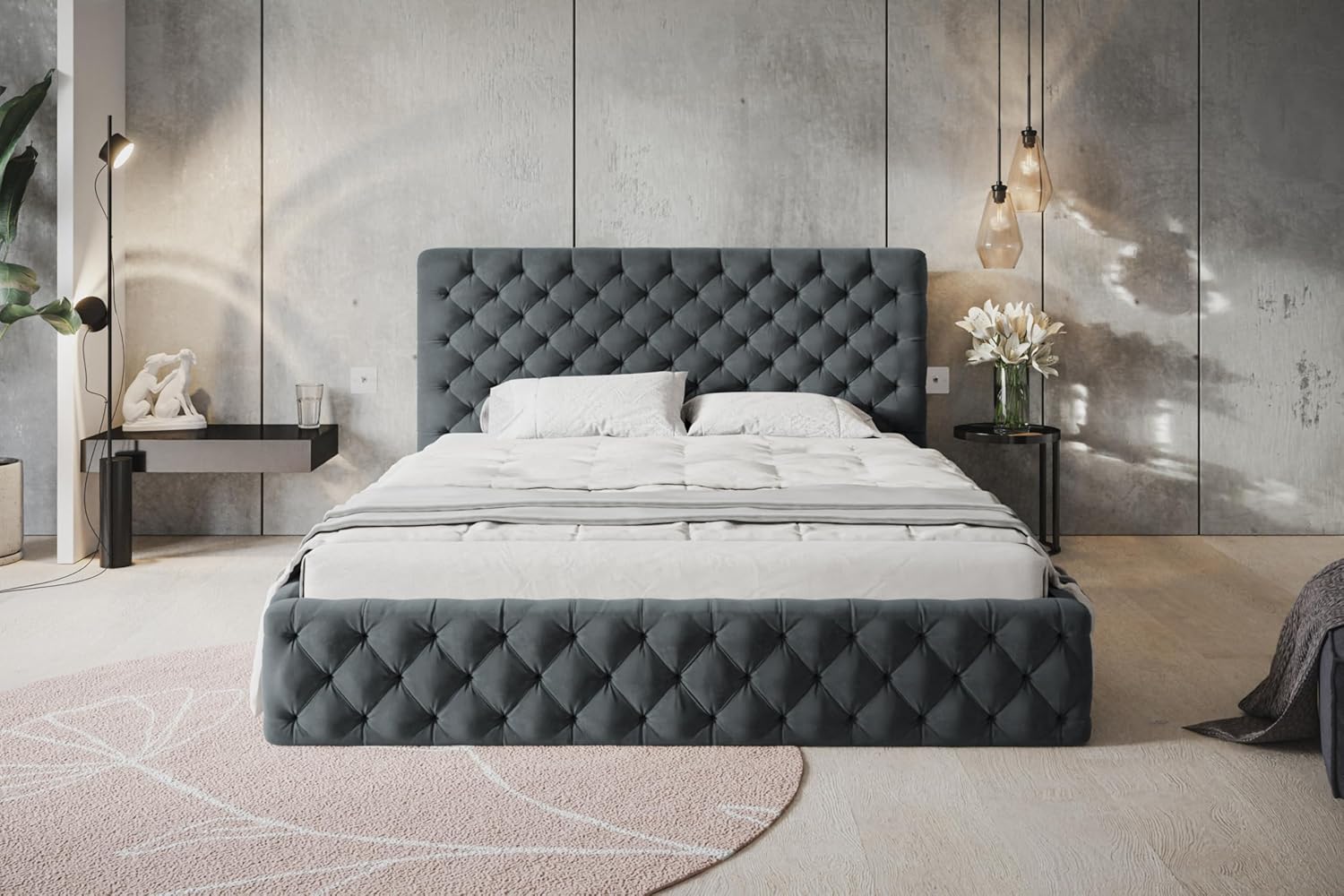Bett 120x200 - Polsterbett mit Bettkasten und Holzrahmen - Elegant Betten - Weicher Jasminstoff - Kollektion Miami, Dunkelgrau