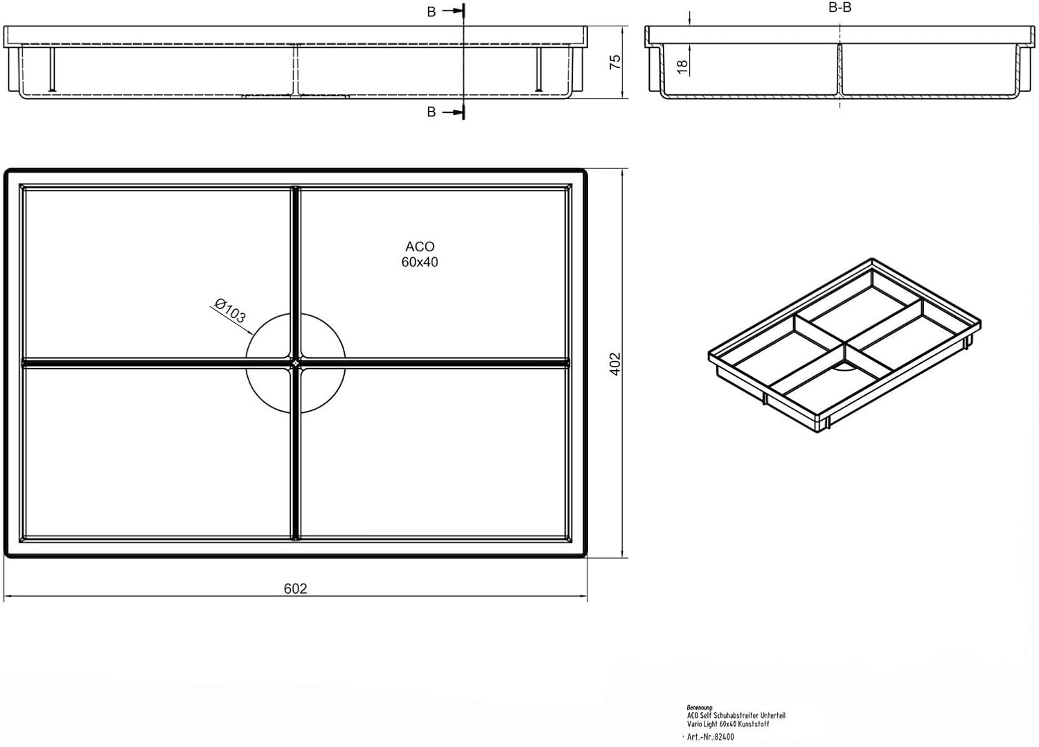 ACO 600x400mm Fußmatte Rips anthrazit mit Bodenwanne Vario Light Schuhabstreifer Abtreter
