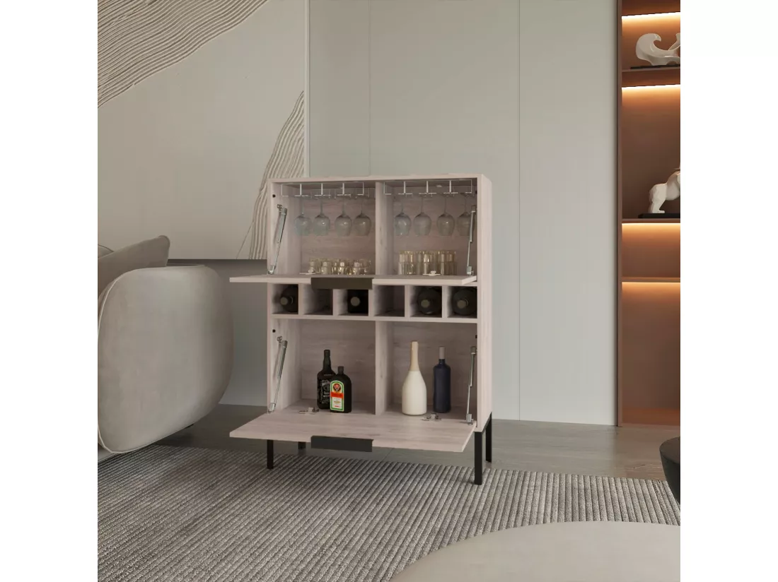 Meuble bar Lyrata en mélaminé avec porte-bouteilles, porte-verres et 4 étagères , 110 cm X 80 cm X 35 cm , Gris / argenté