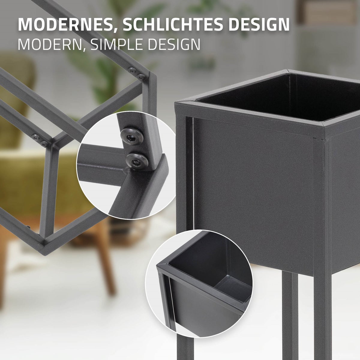 ML-Design Bloemenstandaards, Set van 2, Zwart, 21 x 50/70 x 21 cm, Moderne Bloempotstandaards met Plantenbak, Weerbestendige en Robuuste Metalen Plantenstandaards, 2-delige Bloempothouder, Decoratieve Plantenbak