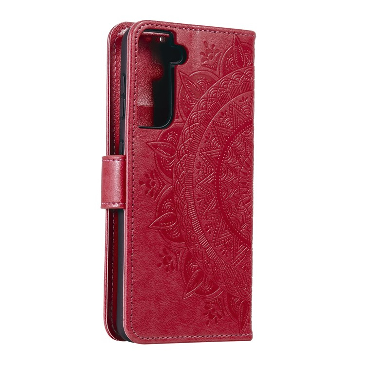 Samsung Galaxy S21 5G Leder Tasche Wallet - Mandala Flowers Imprint - Rot